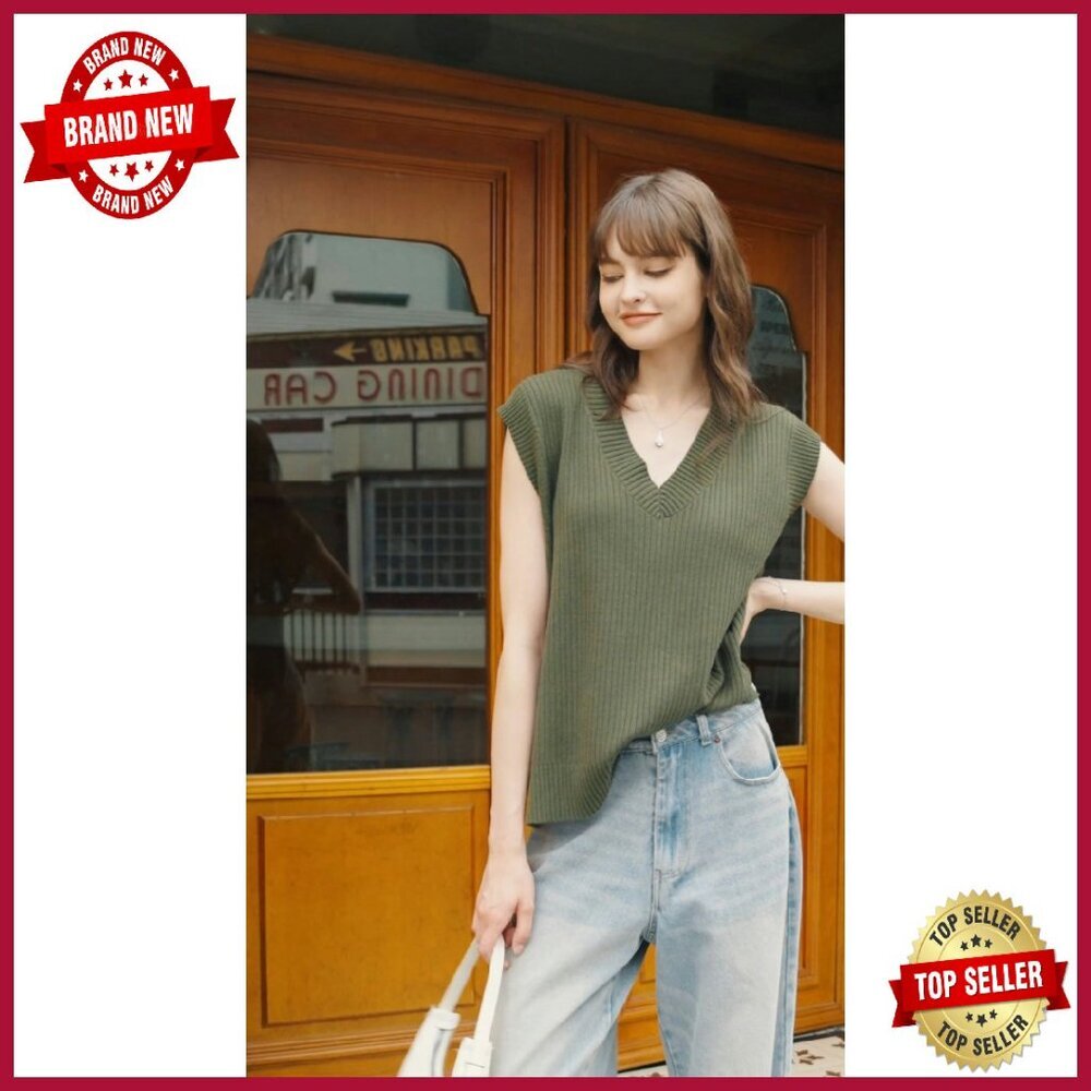 Oversized Ribbed Knit Sweater Vest V-Neck Sleeveless Pullover Tank Top - Picture 8 of 8